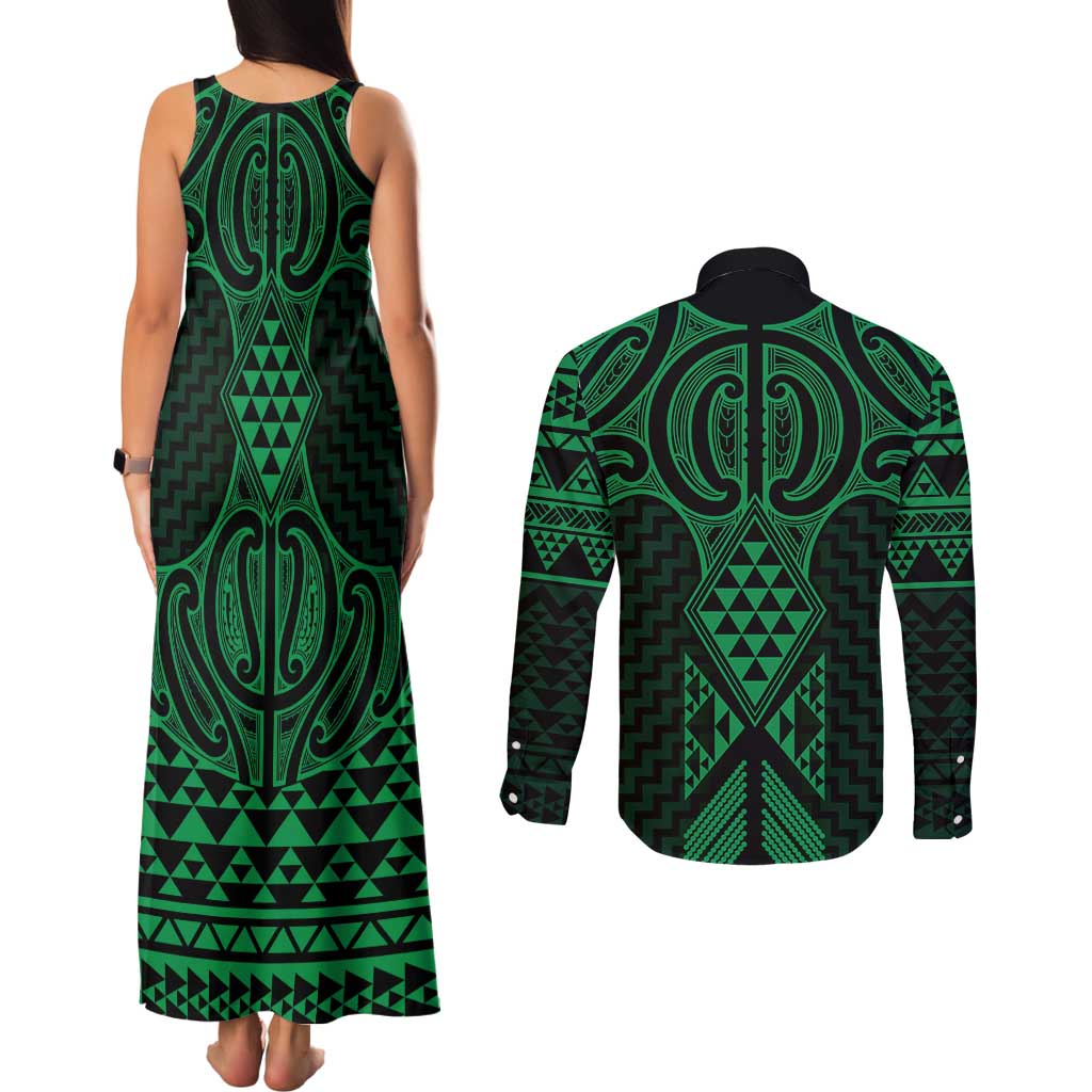 Kakariki Maori Ta Moko Poutama Art Couples Matching Tank Maxi Dress and Long Sleeve Button Shirt LT9 - Polynesian Pride