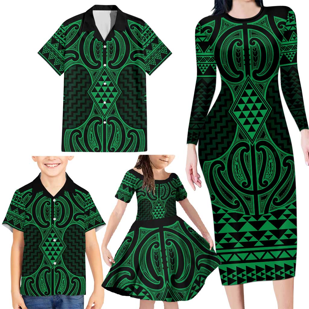 Kakariki Maori Ta Moko Poutama Art Family Matching Long Sleeve Bodycon Dress and Hawaiian Shirt LT9 - Polynesian Pride