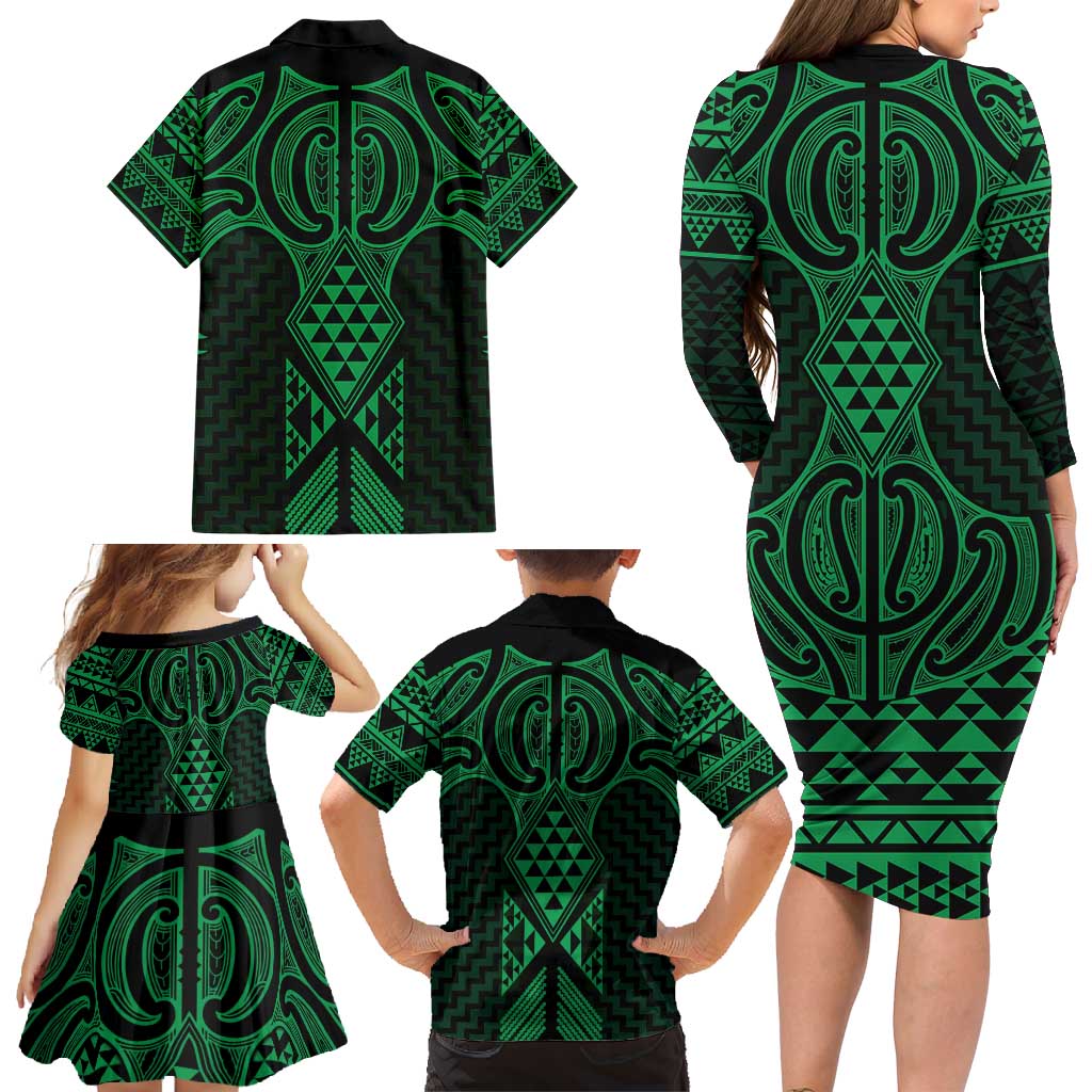 Kakariki Maori Ta Moko Poutama Art Family Matching Long Sleeve Bodycon Dress and Hawaiian Shirt LT9 - Polynesian Pride
