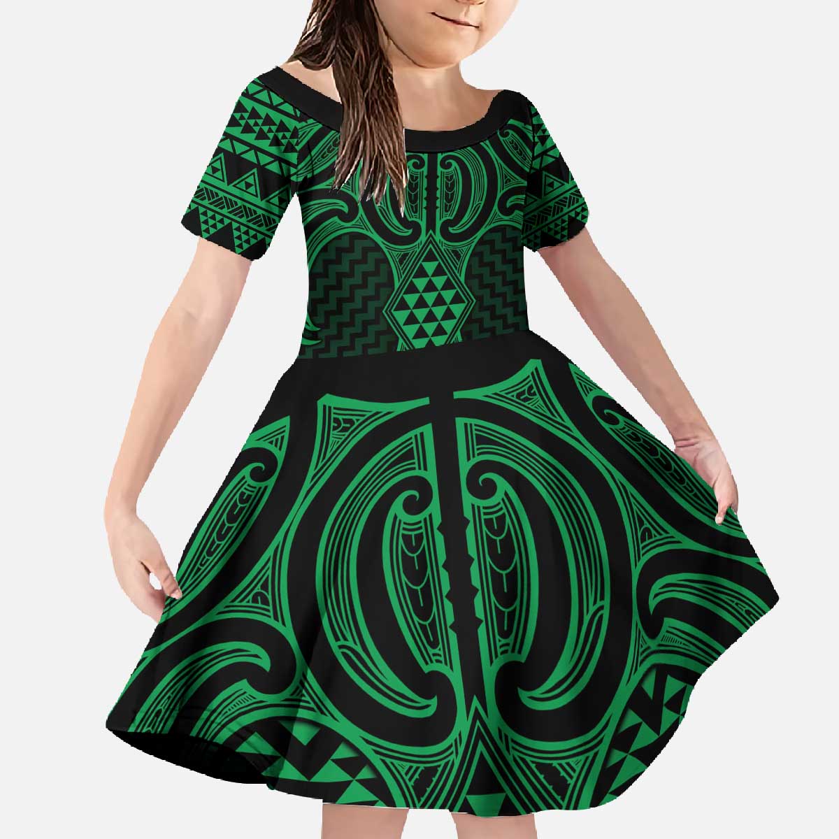 Kakariki Maori Ta Moko Poutama Art Family Matching Off The Shoulder Long Sleeve Dress and Hawaiian Shirt LT9 Daughter's Dress Green - Polynesian Pride