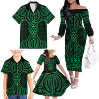 Kakariki Maori Ta Moko Poutama Art Family Matching Off The Shoulder Long Sleeve Dress and Hawaiian Shirt LT9 - Polynesian Pride