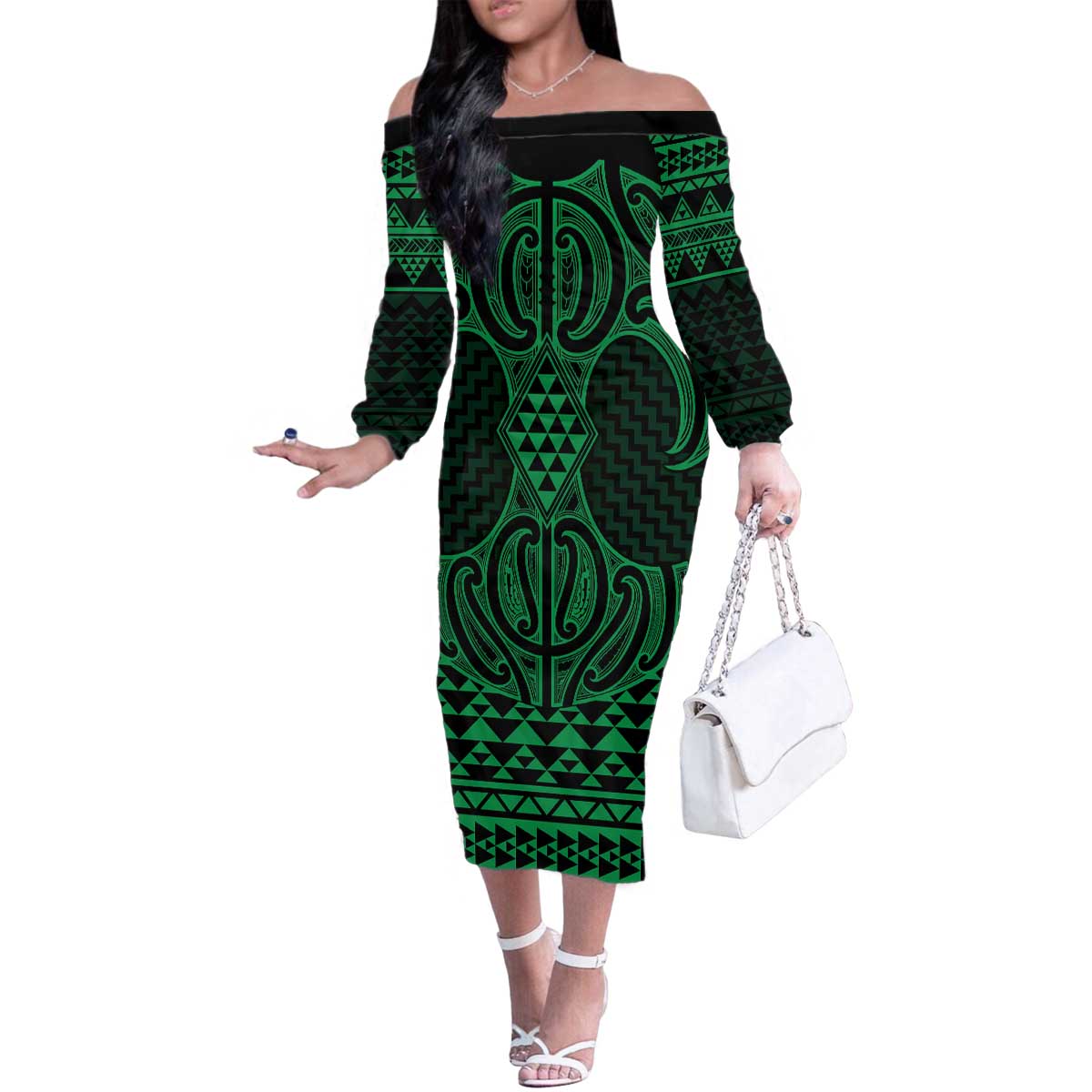 Kakariki Maori Ta Moko Poutama Art Family Matching Off The Shoulder Long Sleeve Dress and Hawaiian Shirt LT9 Mom's Dress Green - Polynesian Pride
