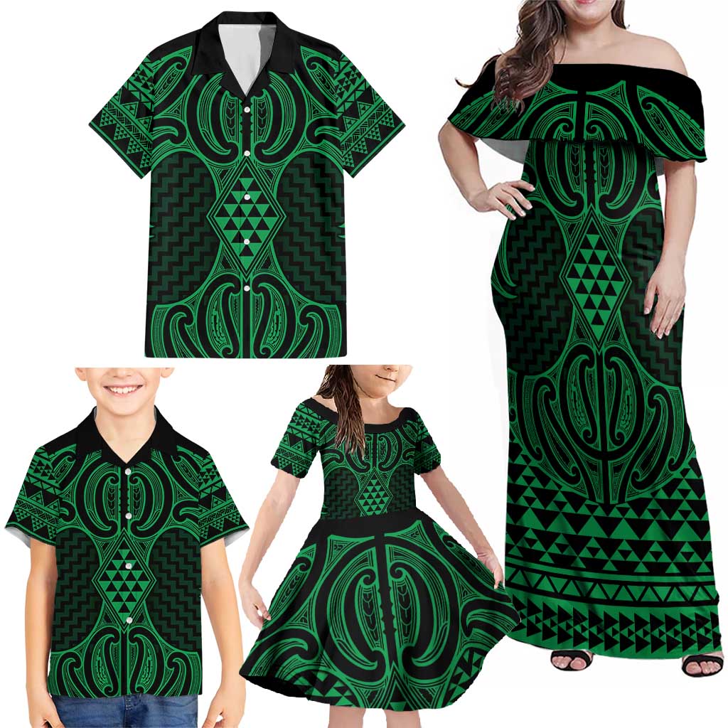 Kakariki Maori Ta Moko Poutama Art Family Matching Off Shoulder Maxi Dress and Hawaiian Shirt