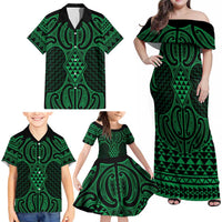 Kakariki Maori Ta Moko Poutama Art Family Matching Off Shoulder Maxi Dress and Hawaiian Shirt