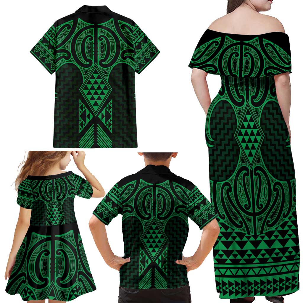 Kakariki Maori Ta Moko Poutama Art Family Matching Off Shoulder Maxi Dress and Hawaiian Shirt