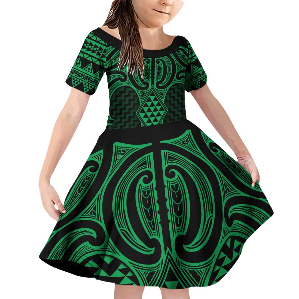 Kakariki Maori Ta Moko Poutama Art Family Matching Off Shoulder Short Dress and Hawaiian Shirt