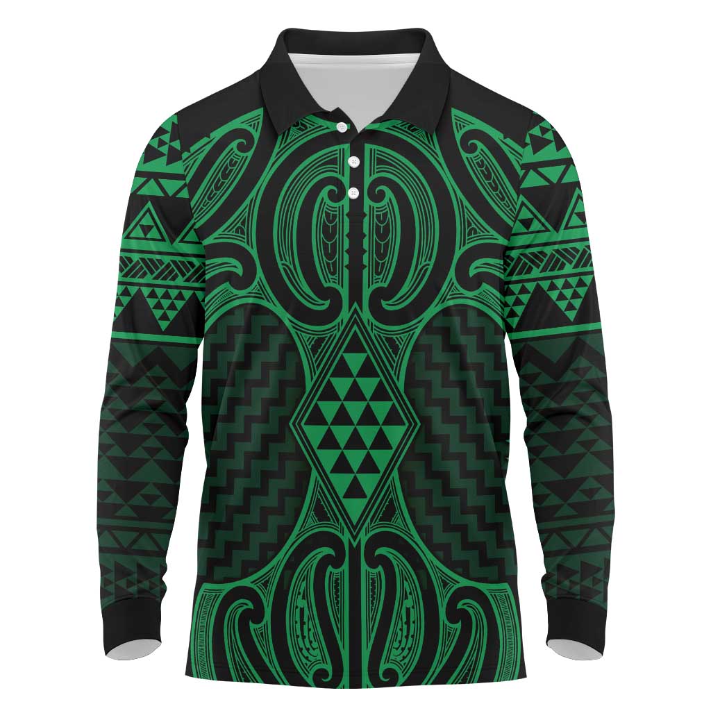 Kakariki Maori Ta Moko Poutama Art Long Sleeve Polo Shirt