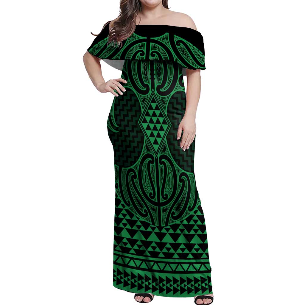 Kakariki Maori Ta Moko Poutama Art Off Shoulder Maxi Dress LT9 Women Green - Polynesian Pride