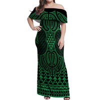 Kakariki Maori Ta Moko Poutama Art Off Shoulder Maxi Dress LT9 Women Green - Polynesian Pride