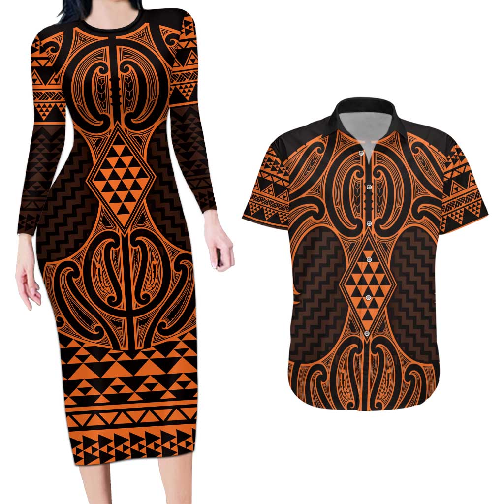 Karaka Maori Ta Moko Poutama Art Couples Matching Long Sleeve Bodycon Dress and Hawaiian Shirt LT9 Gold - Polynesian Pride