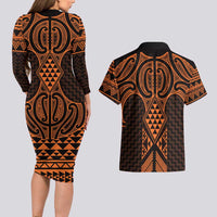 Karaka Maori Ta Moko Poutama Art Couples Matching Long Sleeve Bodycon Dress and Hawaiian Shirt LT9 - Polynesian Pride