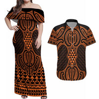 Karaka Maori Ta Moko Poutama Art Couples Matching Off Shoulder Maxi Dress and Hawaiian Shirt LT9 Gold - Polynesian Pride