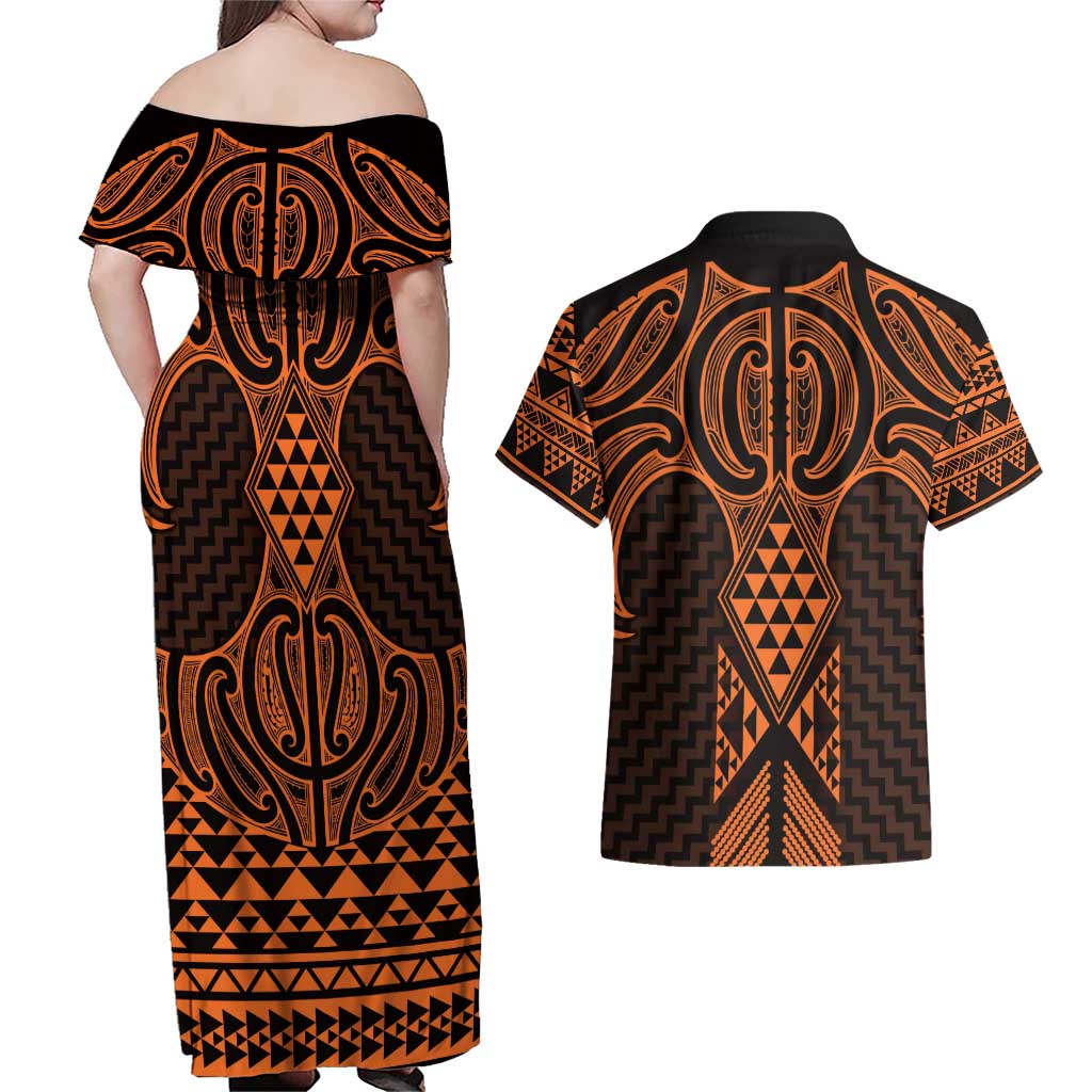 Karaka Maori Ta Moko Poutama Art Couples Matching Off Shoulder Maxi Dress and Hawaiian Shirt LT9 - Polynesian Pride