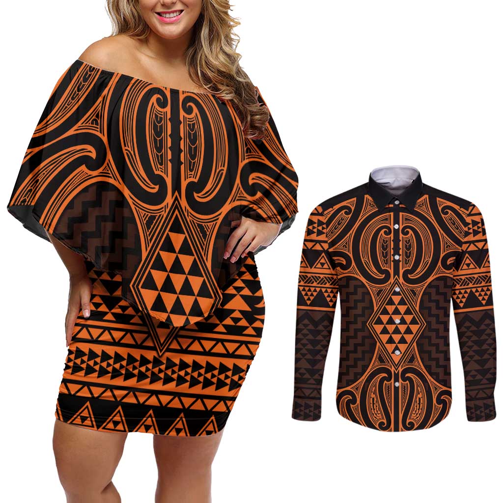Karaka Maori Ta Moko Poutama Art Couples Matching Off Shoulder Short Dress and Long Sleeve Button Shirt LT9 Gold - Polynesian Pride