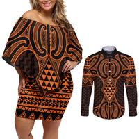 Karaka Maori Ta Moko Poutama Art Couples Matching Off Shoulder Short Dress and Long Sleeve Button Shirt LT9 Gold - Polynesian Pride