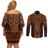 Karaka Maori Ta Moko Poutama Art Couples Matching Off Shoulder Short Dress and Long Sleeve Button Shirt LT9 - Polynesian Pride