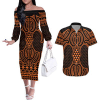 Karaka Maori Ta Moko Poutama Art Couples Matching Off The Shoulder Long Sleeve Dress and Hawaiian Shirt LT9 Gold - Polynesian Pride