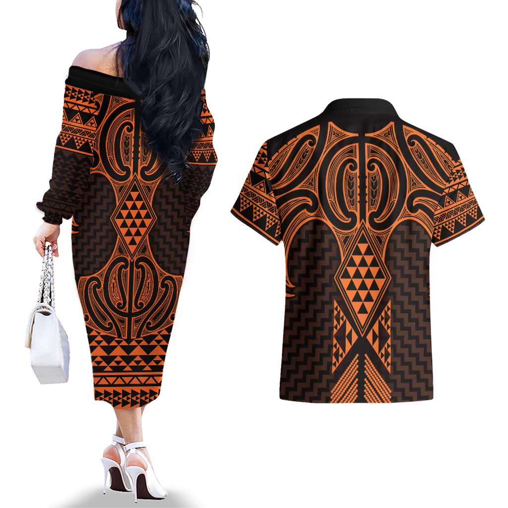 Karaka Maori Ta Moko Poutama Art Couples Matching Off The Shoulder Long Sleeve Dress and Hawaiian Shirt LT9 - Polynesian Pride