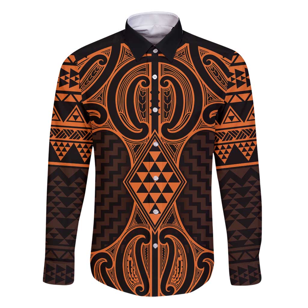 Karaka Maori Ta Moko Poutama Art Family Matching Long Sleeve Bodycon Dress and Hawaiian Shirt LT9 Dad's Shirt - Long Sleeve Gold - Polynesian Pride