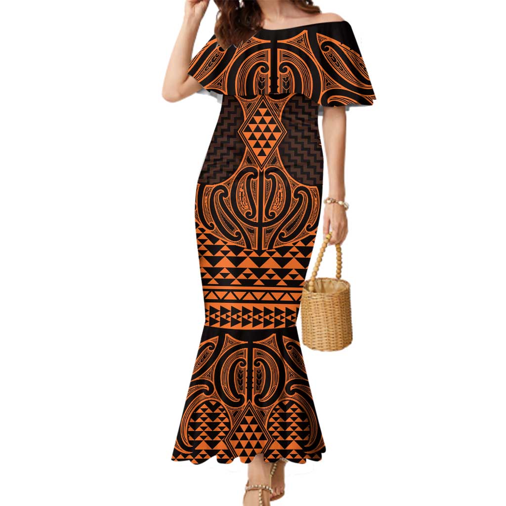 Karaka Maori Ta Moko Poutama Art Family Matching Mermaid Dress and Hawaiian Shirt LT9 Mom's Dress Gold - Polynesian Pride