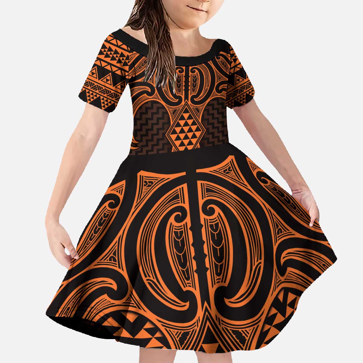 Karaka Maori Ta Moko Poutama Art Family Matching Off The Shoulder Long Sleeve Dress and Hawaiian Shirt LT9 Daughter's Dress Gold - Polynesian Pride