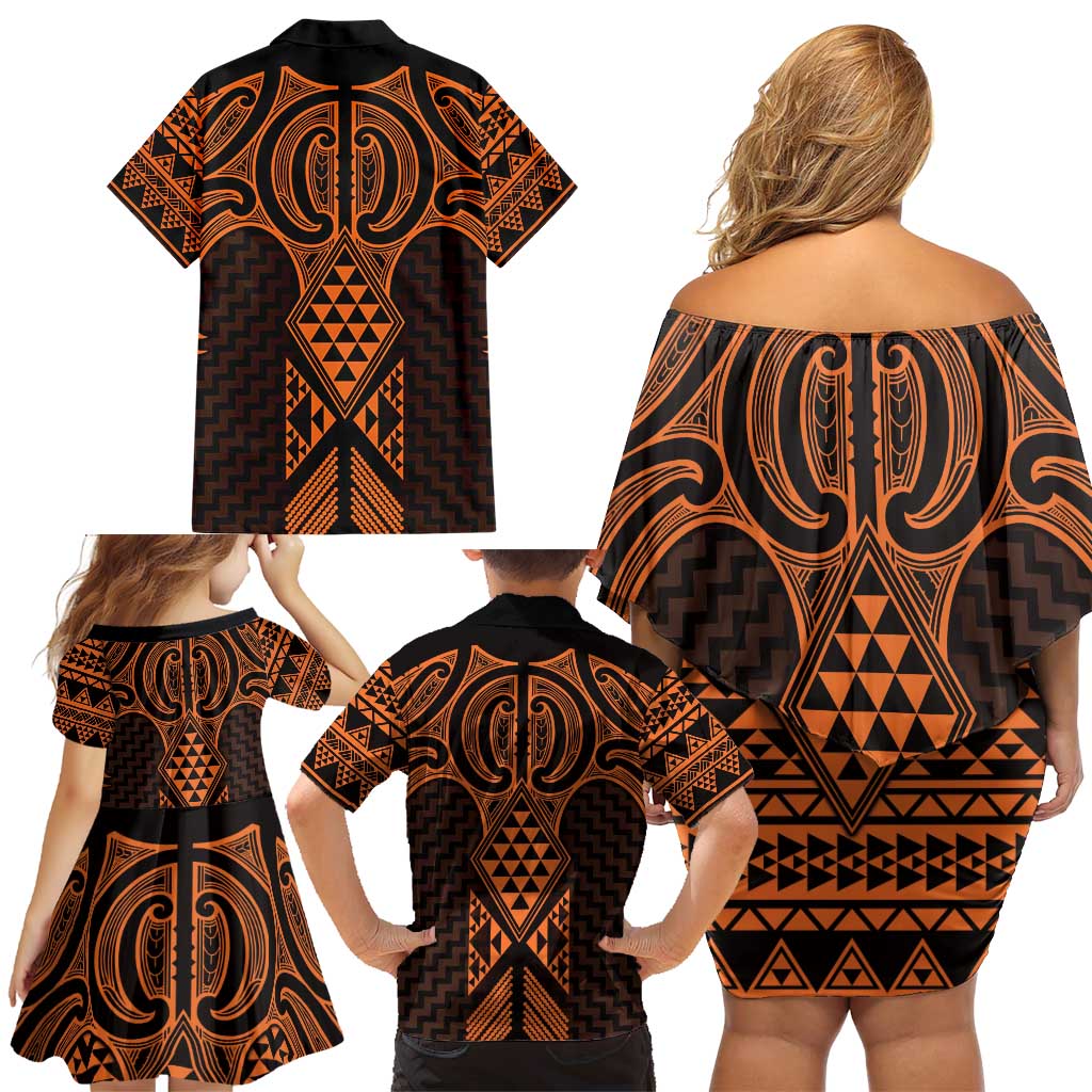Karaka Maori Ta Moko Poutama Art Family Matching Off Shoulder Short Dress and Hawaiian Shirt