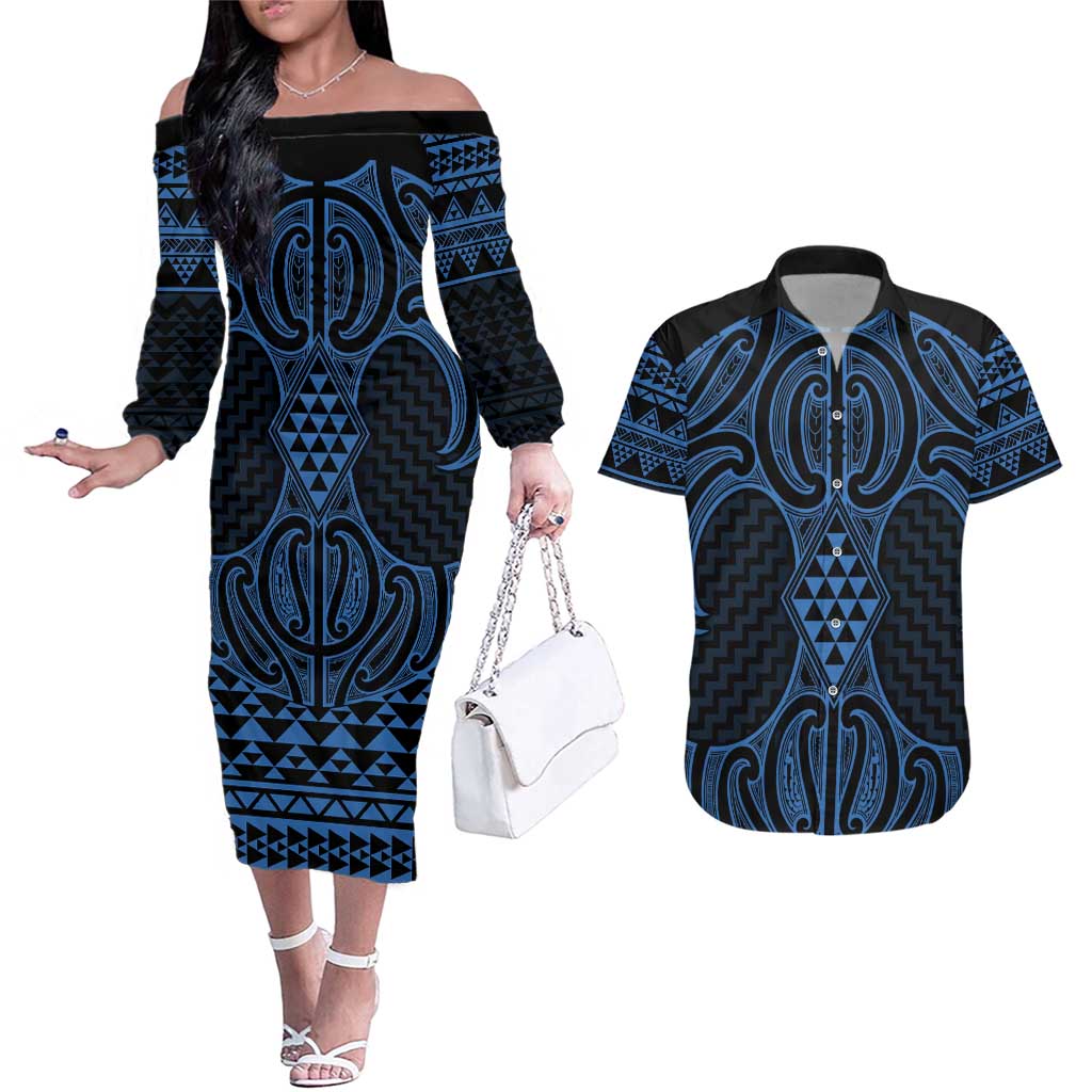 Kikorangi Maori Ta Moko Poutama Art Couples Matching Off The Shoulder Long Sleeve Dress and Hawaiian Shirt LT9 Blue - Polynesian Pride