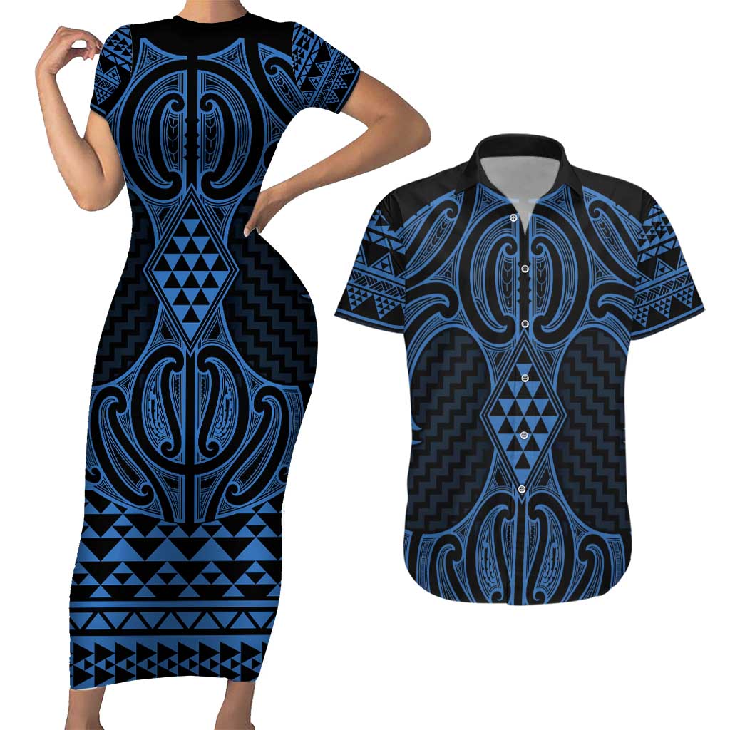 Kikorangi Maori Ta Moko Poutama Art Couples Matching Short Sleeve Bodycon Dress and Hawaiian Shirt LT9 Blue - Polynesian Pride