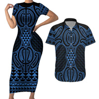 Kikorangi Maori Ta Moko Poutama Art Couples Matching Short Sleeve Bodycon Dress and Hawaiian Shirt LT9 Blue - Polynesian Pride