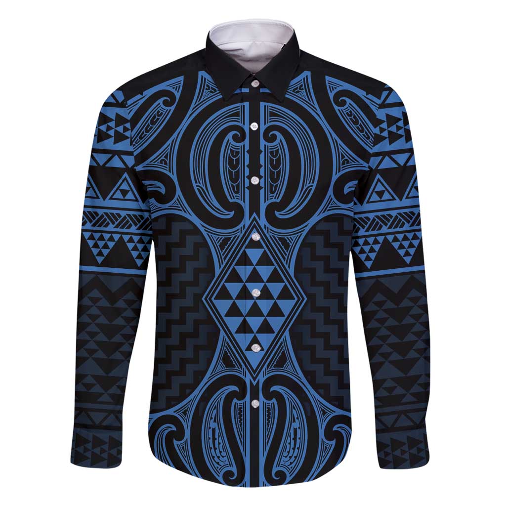Kikorangi Maori Ta Moko Poutama Art Family Matching Mermaid Dress and Hawaiian Shirt LT9 Dad's Shirt - Long Sleeve Blue - Polynesian Pride