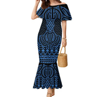 Kikorangi Maori Ta Moko Poutama Art Family Matching Mermaid Dress and Hawaiian Shirt LT9 Mom's Dress Blue - Polynesian Pride
