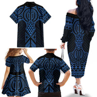 Kikorangi Maori Ta Moko Poutama Art Family Matching Off The Shoulder Long Sleeve Dress and Hawaiian Shirt LT9 - Polynesian Pride