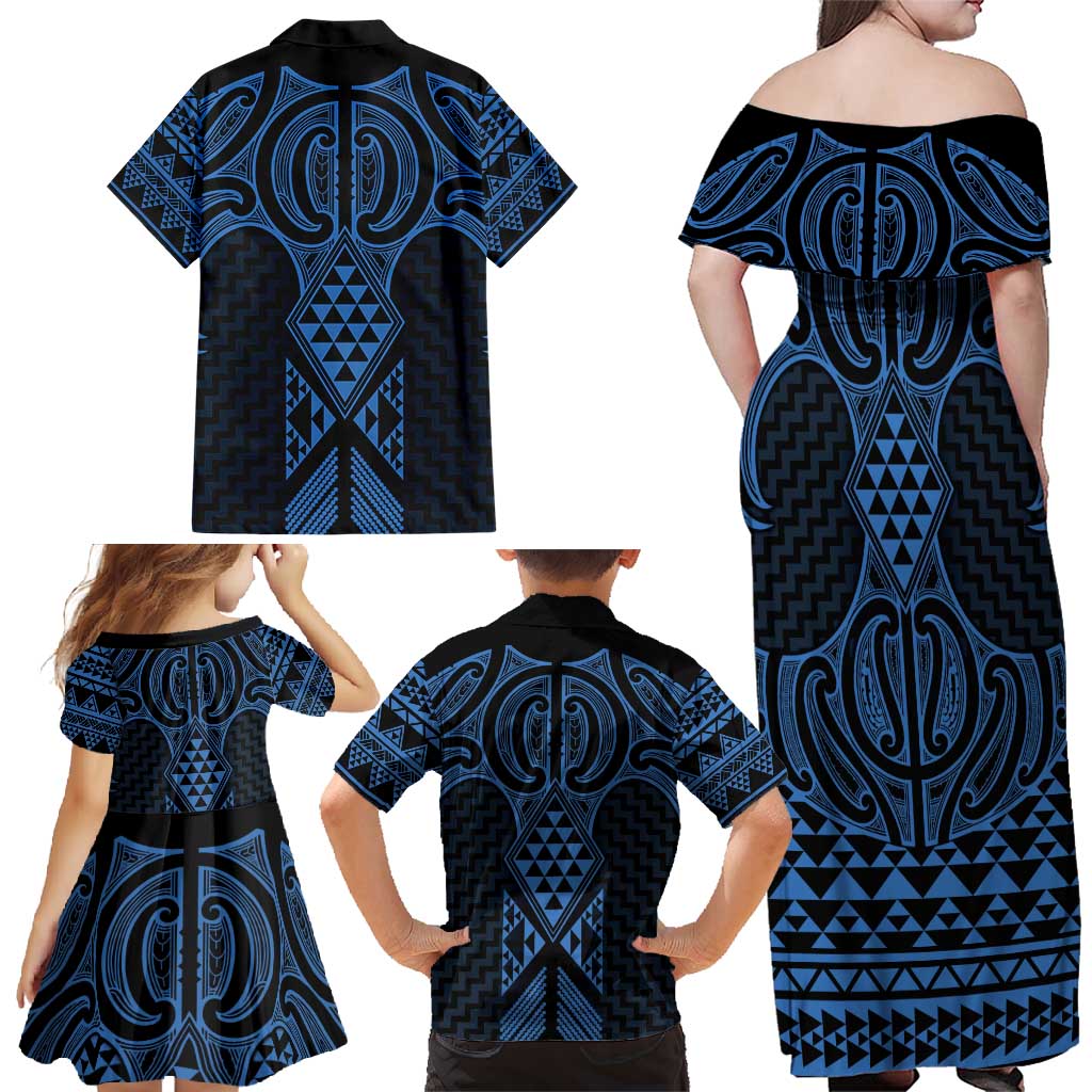 Kikorangi Maori Ta Moko Poutama Art Family Matching Off Shoulder Maxi Dress and Hawaiian Shirt