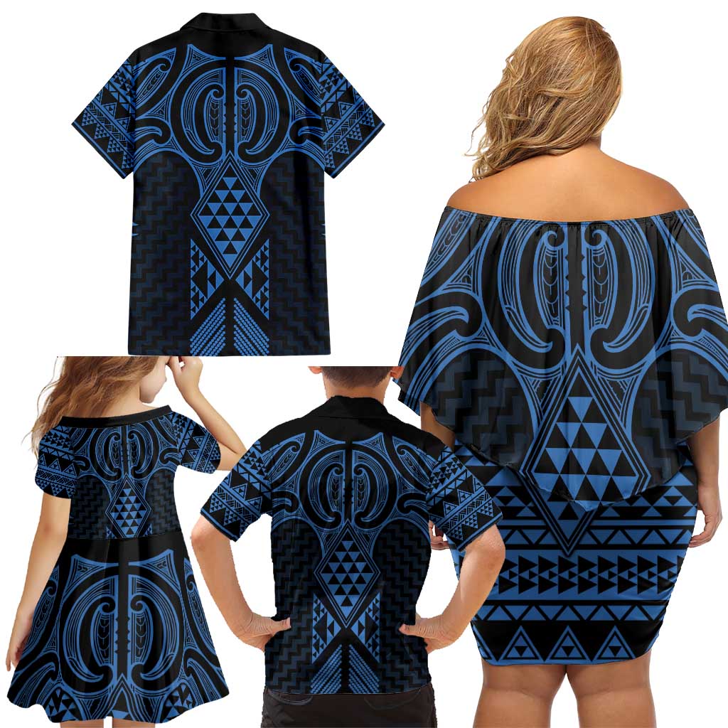 Kikorangi Maori Ta Moko Poutama Art Family Matching Off Shoulder Short Dress and Hawaiian Shirt