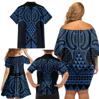 Kikorangi Maori Ta Moko Poutama Art Family Matching Off Shoulder Short Dress and Hawaiian Shirt
