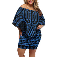 Kikorangi Maori Ta Moko Poutama Art Family Matching Off Shoulder Short Dress and Hawaiian Shirt