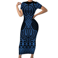 Kikorangi Maori Ta Moko Poutama Art Family Matching Short Sleeve Bodycon Dress and Hawaiian Shirt LT9 Mom's Dress Blue - Polynesian Pride