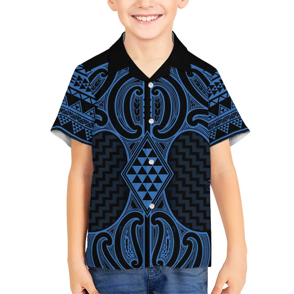 Kikorangi Maori Ta Moko Poutama Art Family Matching Short Sleeve Bodycon Dress and Hawaiian Shirt LT9 Son's Shirt Blue - Polynesian Pride