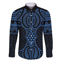 Kikorangi Maori Ta Moko Poutama Art Family Matching Summer Maxi Dress and Hawaiian Shirt LT9 Dad's Shirt - Long Sleeve Blue - Polynesian Pride
