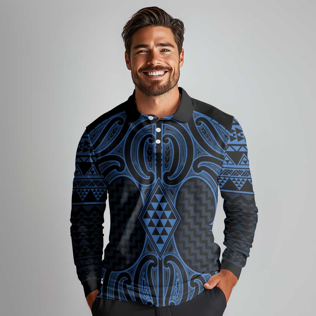 Kikorangi Maori Ta Moko Poutama Art Long Sleeve Polo Shirt