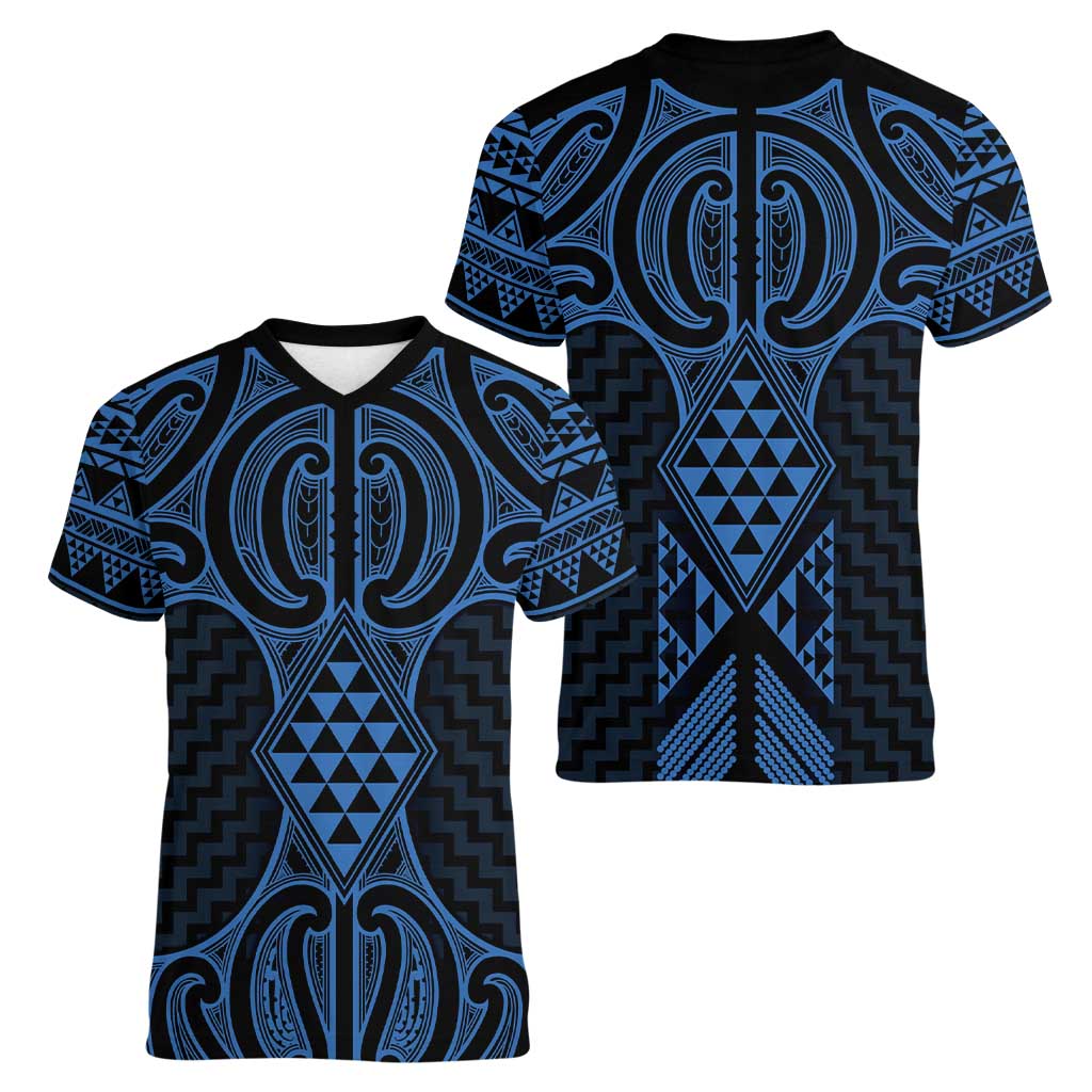 Kikorangi Maori Ta Moko Poutama Art Women V-Neck T-Shirt