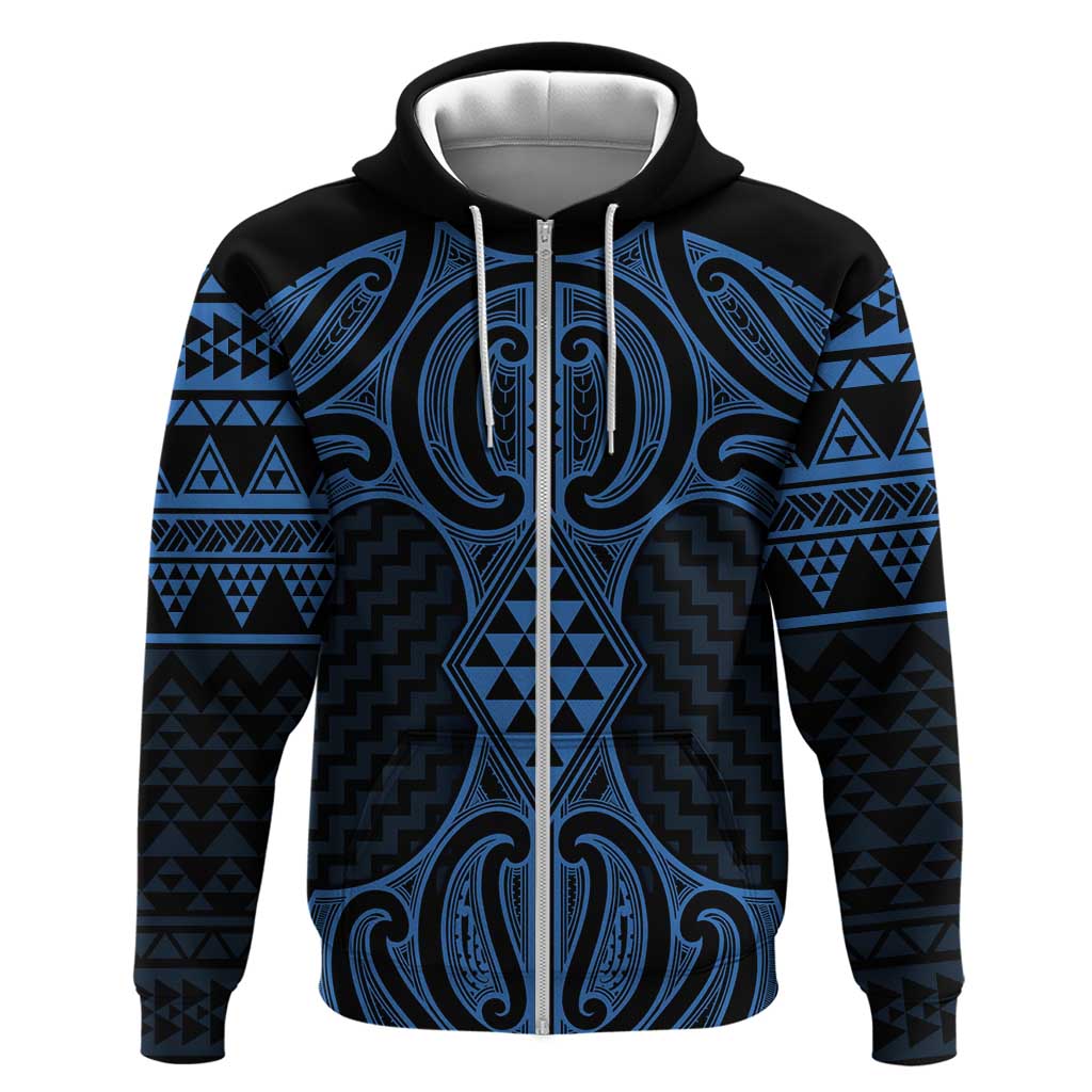 Kikorangi Maori Ta Moko Poutama Art Zip Hoodie LT9 Zip Hoodie Blue - Polynesian Pride