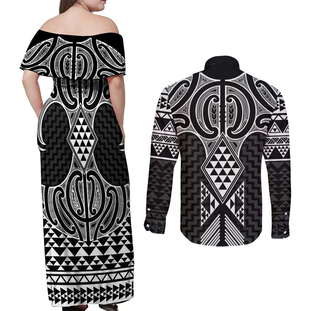 Ma Maori Ta Moko Poutama Art Couples Matching Off Shoulder Maxi Dress and Long Sleeve Button Shirt