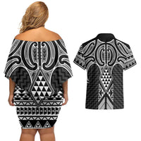 Ma Maori Ta Moko Poutama Art Couples Matching Off Shoulder Short Dress and Hawaiian Shirt