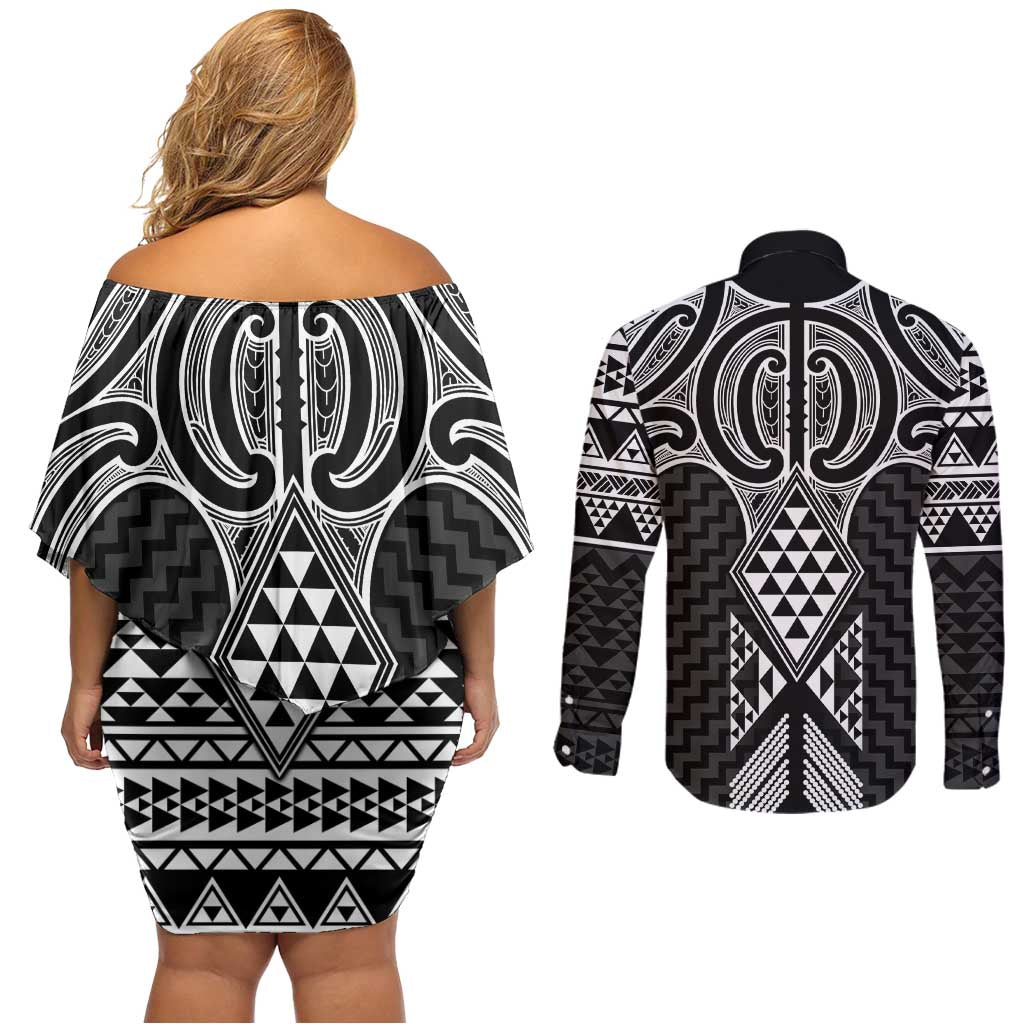Ma Maori Ta Moko Poutama Art Couples Matching Off Shoulder Short Dress and Long Sleeve Button Shirt