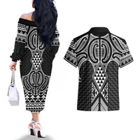 Ma Maori Ta Moko Poutama Art Couples Matching Off The Shoulder Long Sleeve Dress and Hawaiian Shirt LT9 - Polynesian Pride