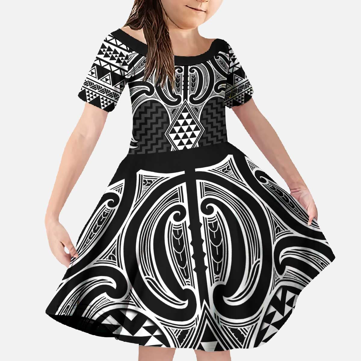 Ma Maori Ta Moko Poutama Art Family Matching Off The Shoulder Long Sleeve Dress and Hawaiian Shirt LT9 Daughter's Dress White - Polynesian Pride