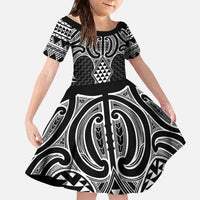 Ma Maori Ta Moko Poutama Art Family Matching Off The Shoulder Long Sleeve Dress and Hawaiian Shirt LT9 Daughter's Dress White - Polynesian Pride
