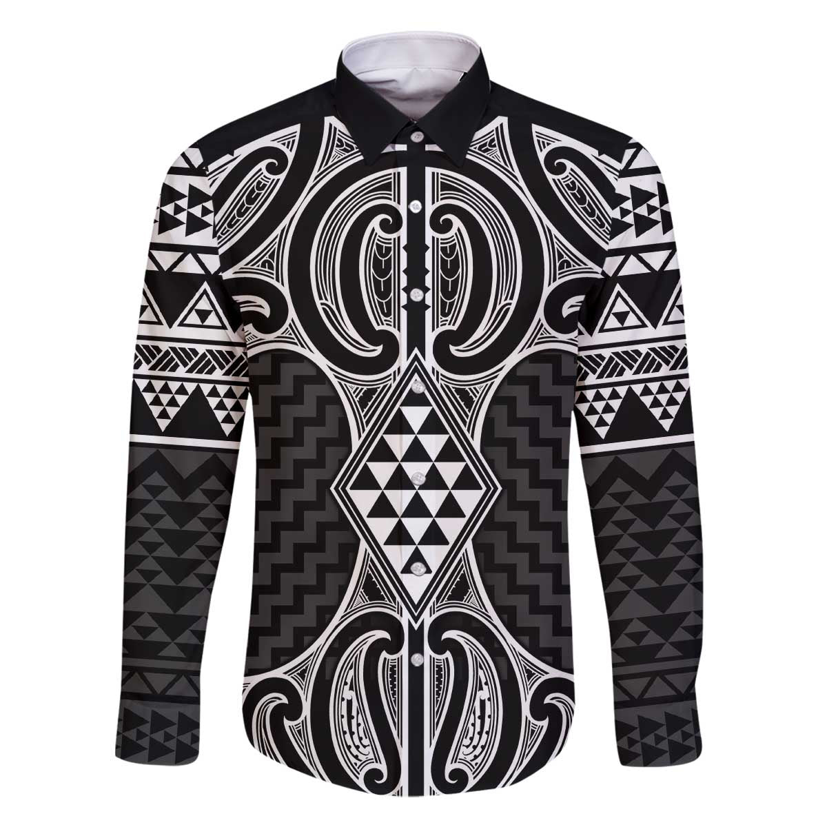 Ma Maori Ta Moko Poutama Art Family Matching Off The Shoulder Long Sleeve Dress and Hawaiian Shirt LT9 Dad's Shirt - Long Sleeve White - Polynesian Pride