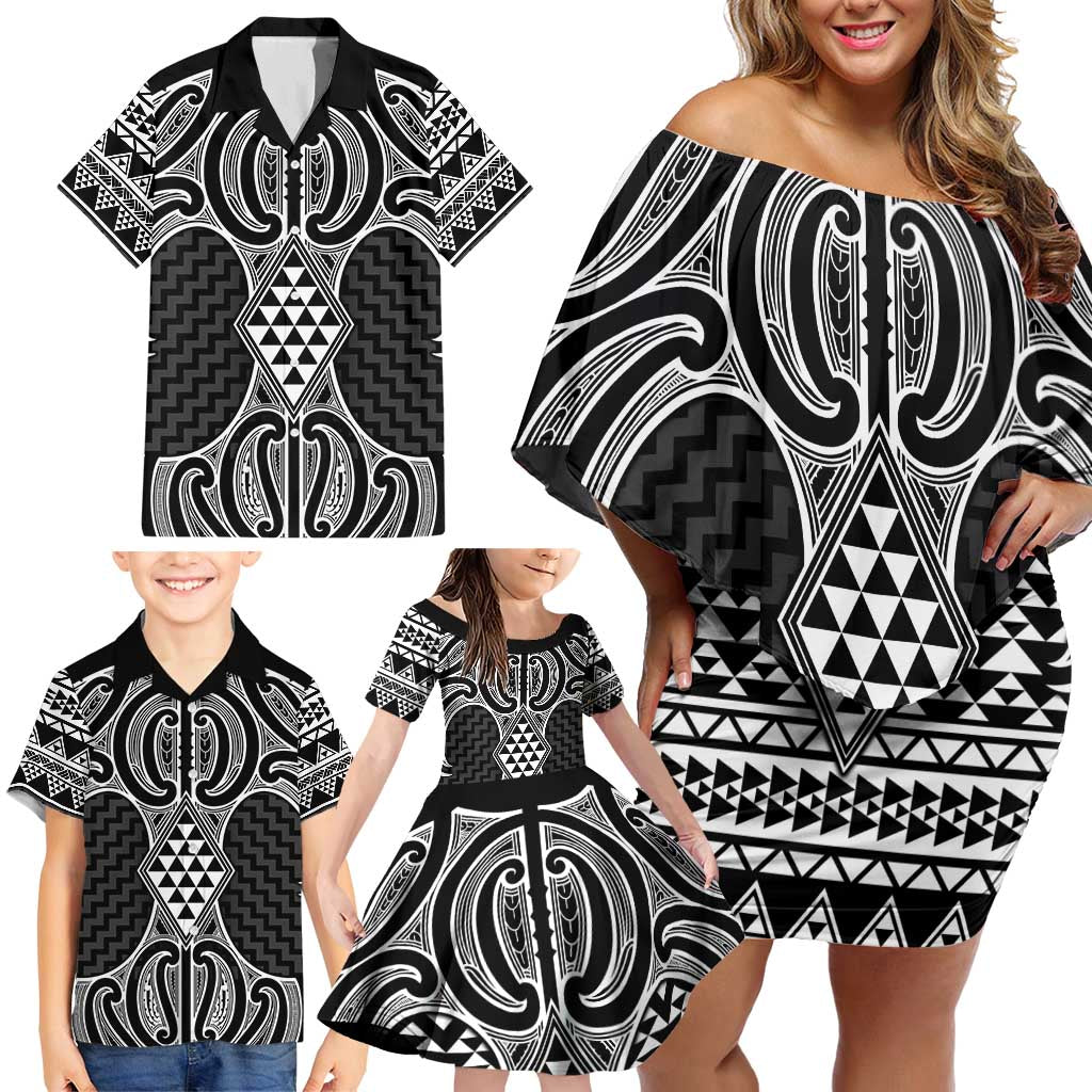 Ma Maori Ta Moko Poutama Art Family Matching Off Shoulder Short Dress and Hawaiian Shirt